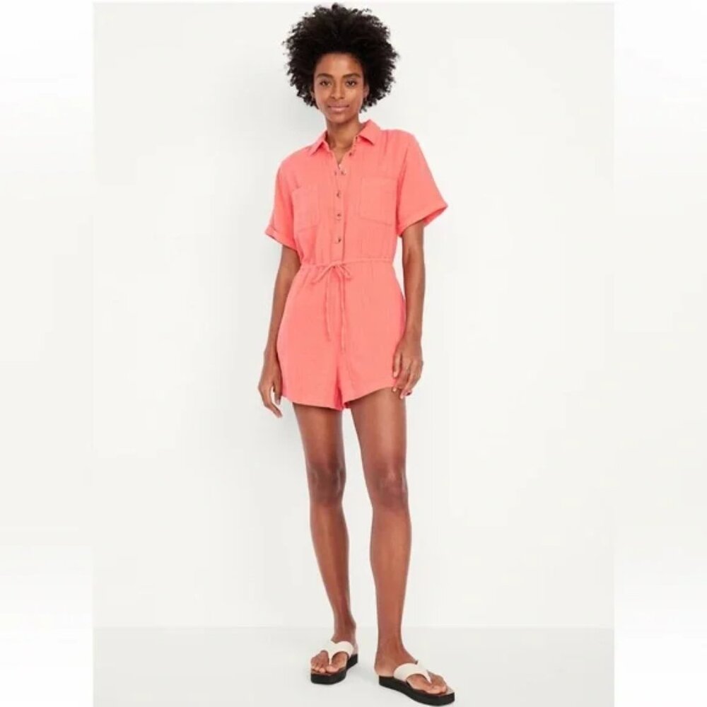 Old Navy Waist-Defined Crinkle Gauze Romper Coral Tropics Size Medium